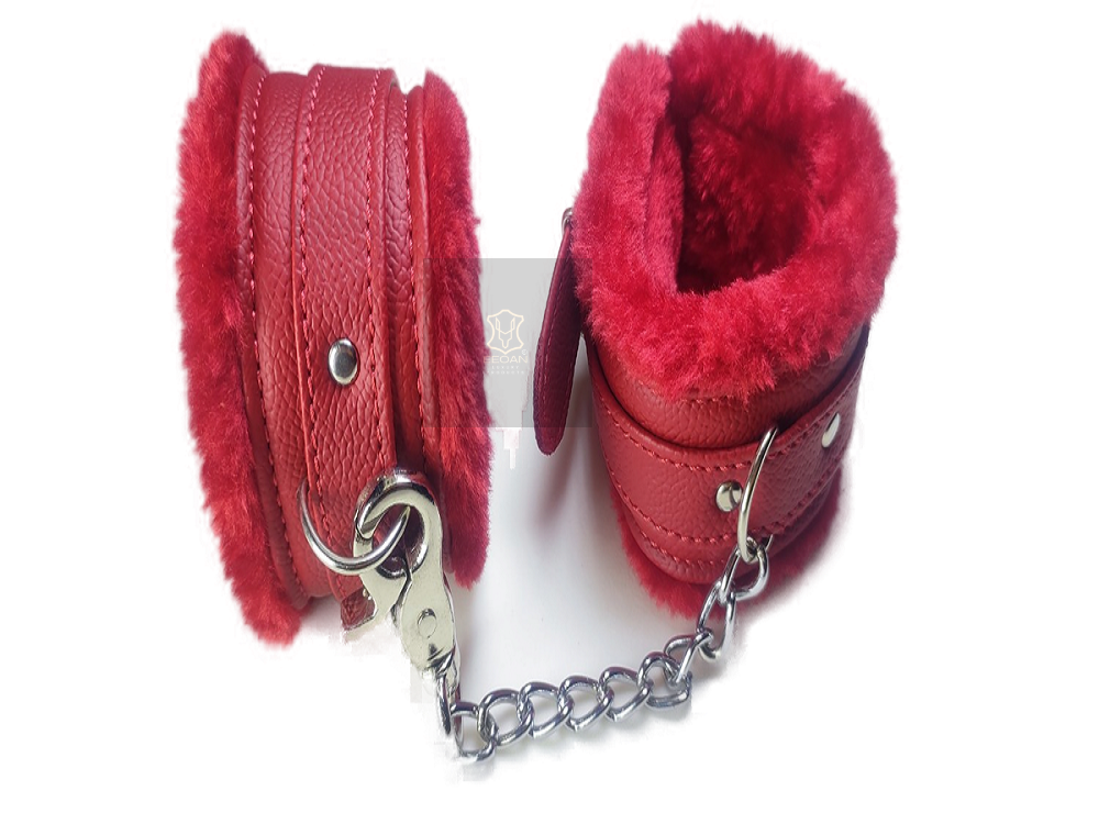 RED LEATHER BONDAGE BDSM FURRY HANDCUFF