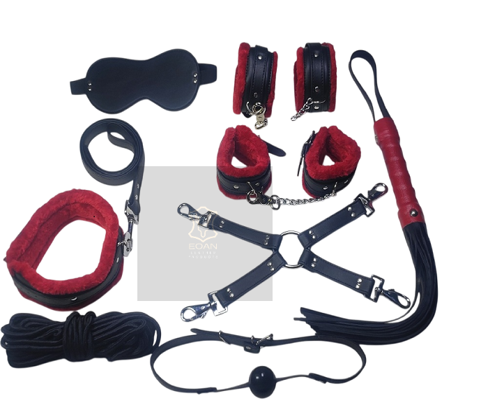 LEATHER BDSM BONDAGE 8 ITEM KIT BLACK RED