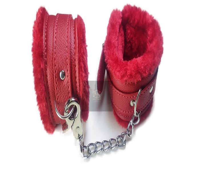 RED LEATHER BONDAGE BDSM FURRY HANDCUFF